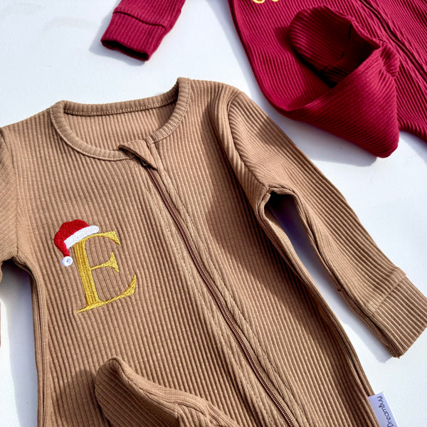 Christmas Santa Hat Monogram Zip Sleepsuit