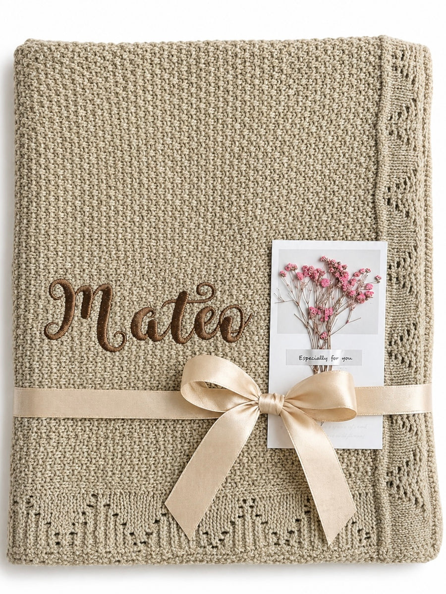 Taupe Personalised Baby Blanket Knitted