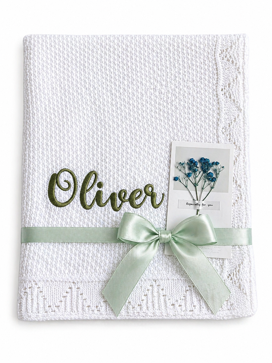 Pearl White Personalised Baby Blanket Knitted