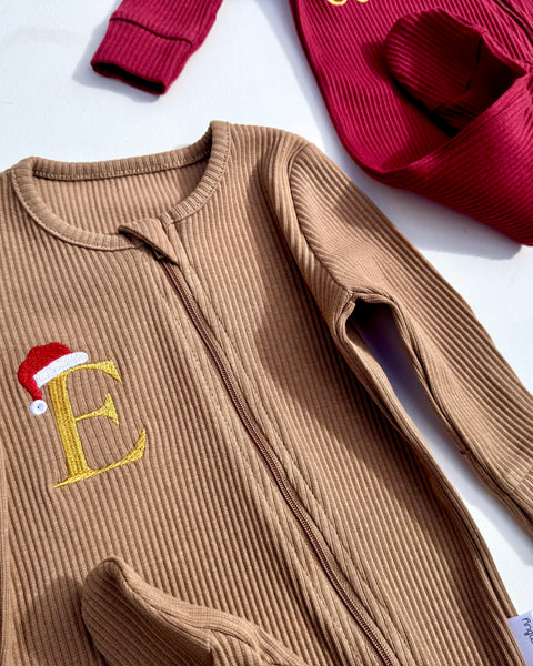 Christmas Santa Hat Monogram Zip Sleepsuit