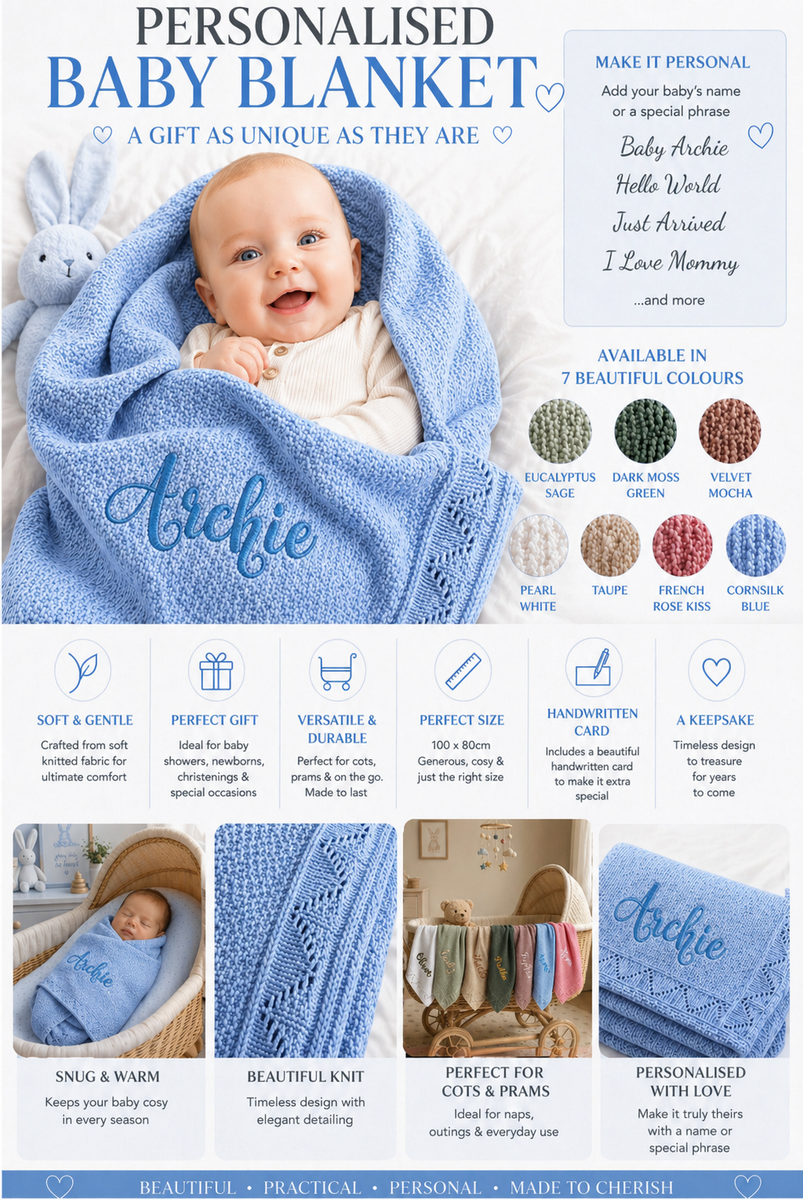 Cornsilk Blue Personalised Baby Blanket Knitted