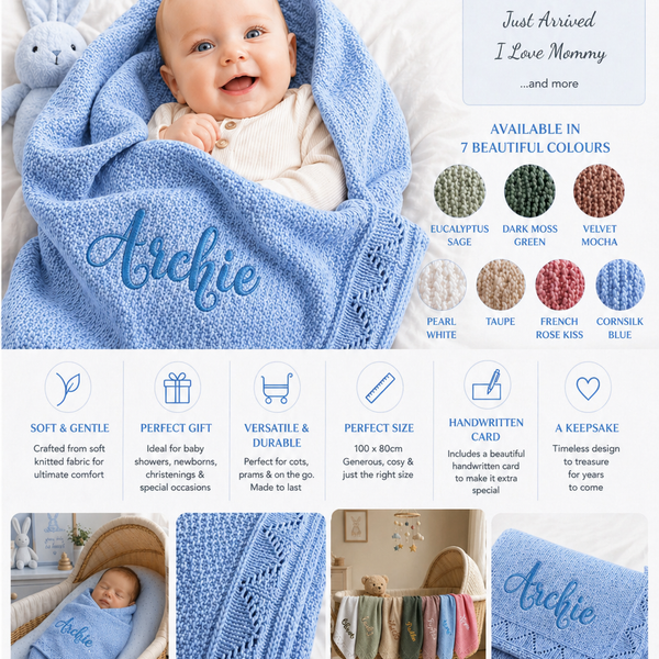 Cornsilk Blue Personalised Baby Blanket Knitted