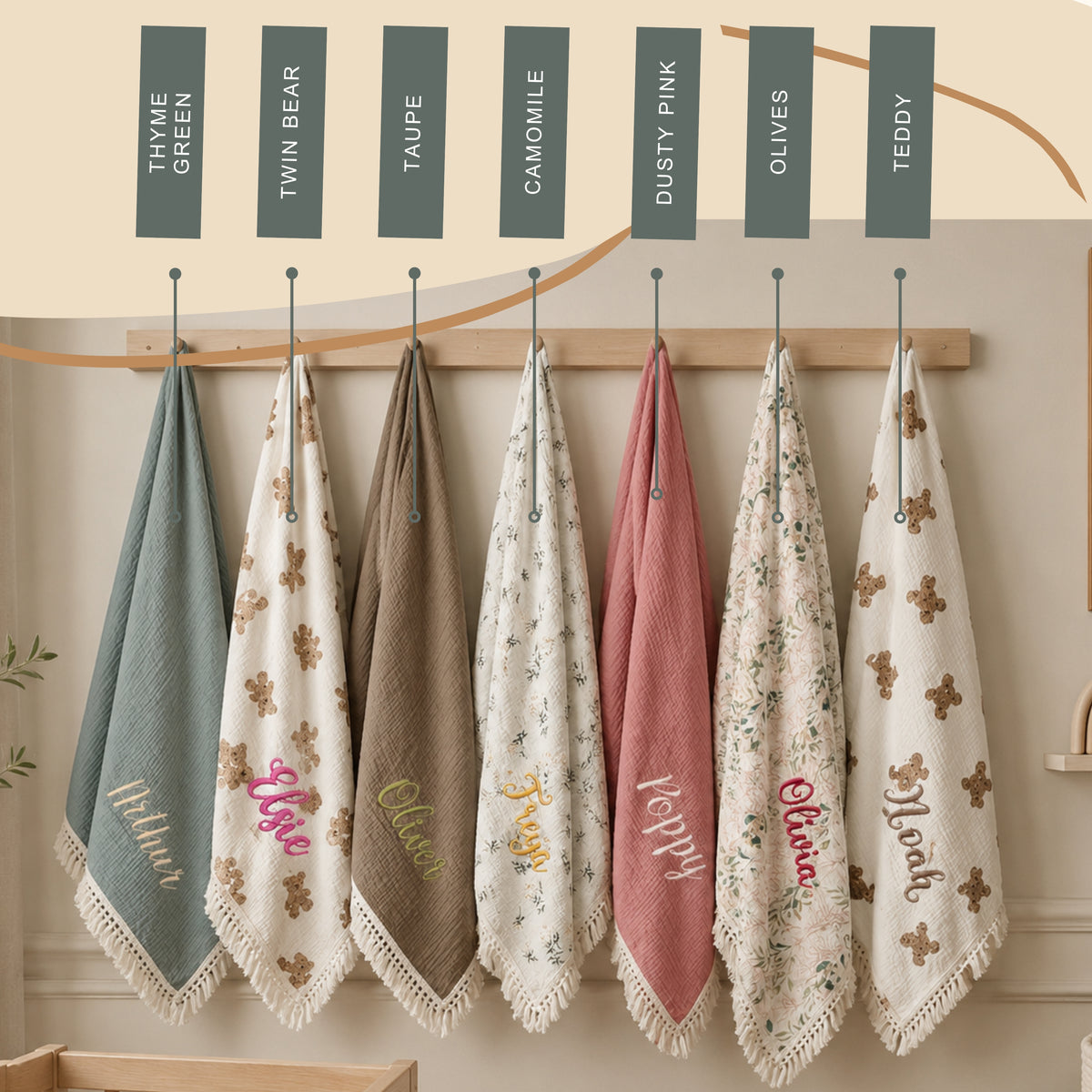 DreamBuy personalised muslin blanket colour guide showing Thyme, Twin Bear, Taupe, Camomile, Dusty Pink, Olives and Teddy.