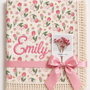 Tulip Burst muslin baby blanket with pink tulip print, Emily embroidered in pink, cream fringe and pink ribbon.