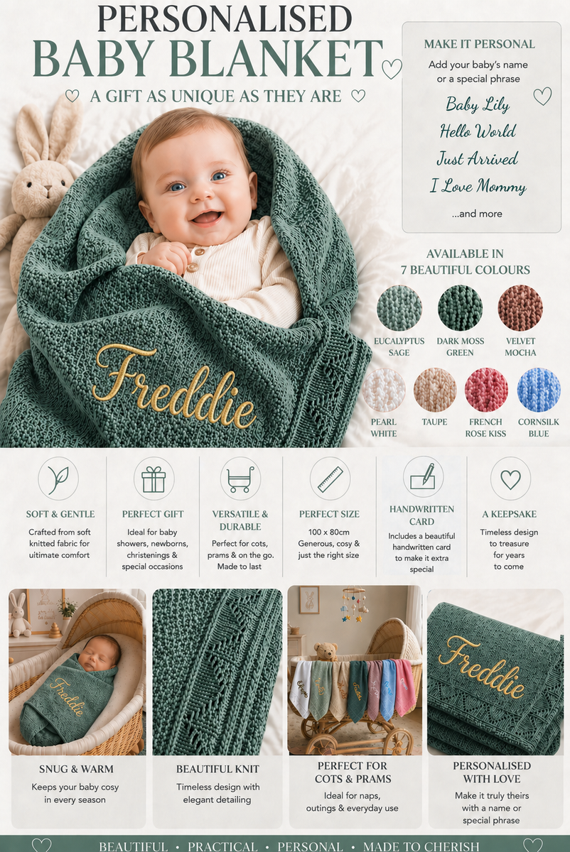 Dark Moss Personalised Baby Blanket Knitted