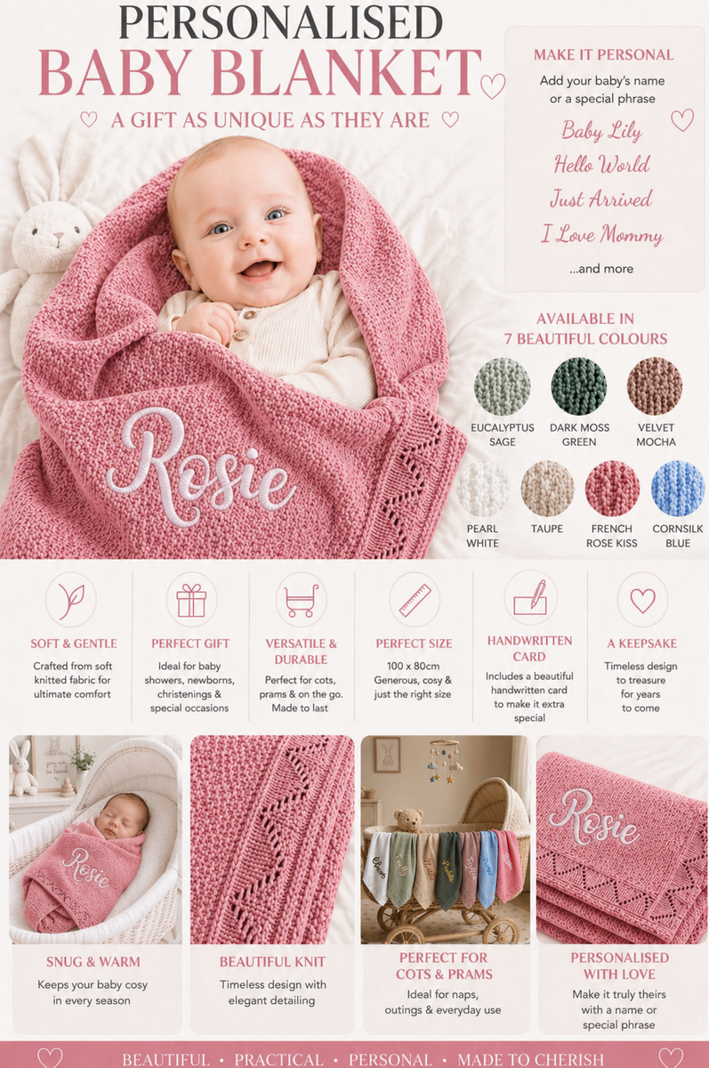 French Rose Personalised Baby Blanket Knitted