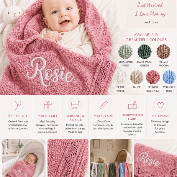 French Rose Personalised Baby Blanket Knitted