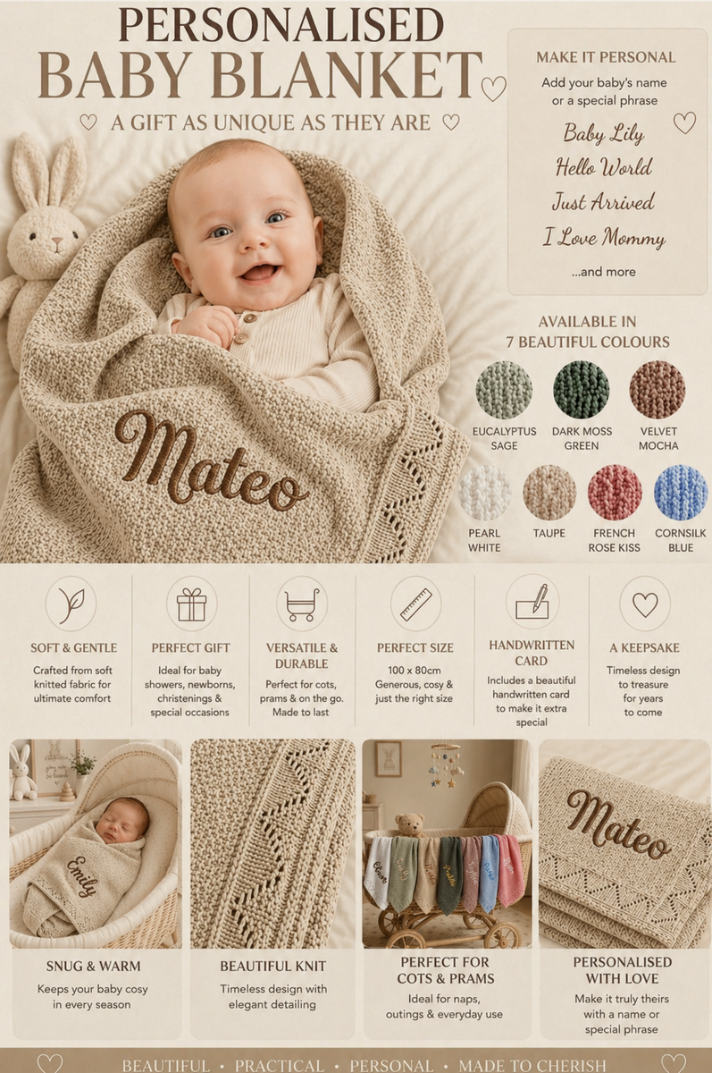 Taupe Personalised Baby Blanket Knitted