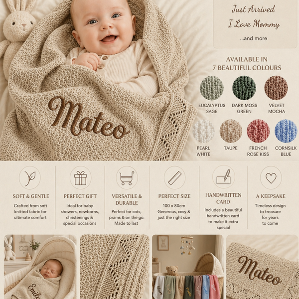 Taupe Personalised Baby Blanket Knitted