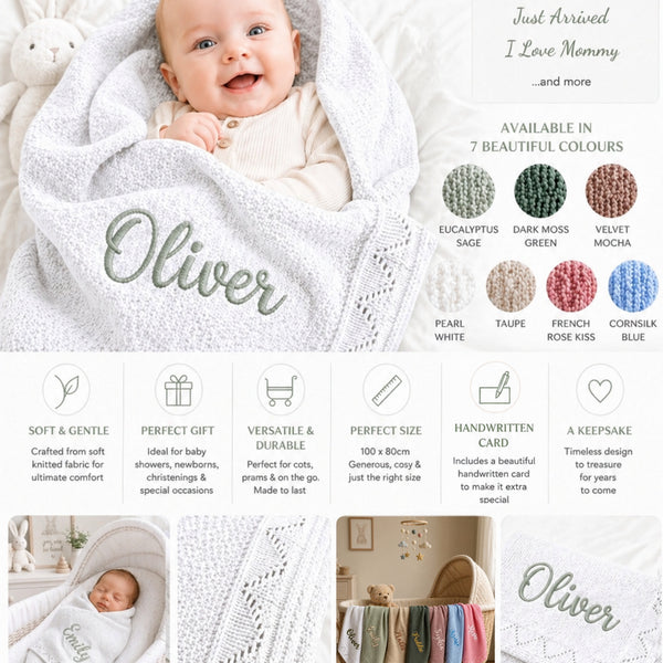 Pearl White Personalised Baby Blanket Knitted